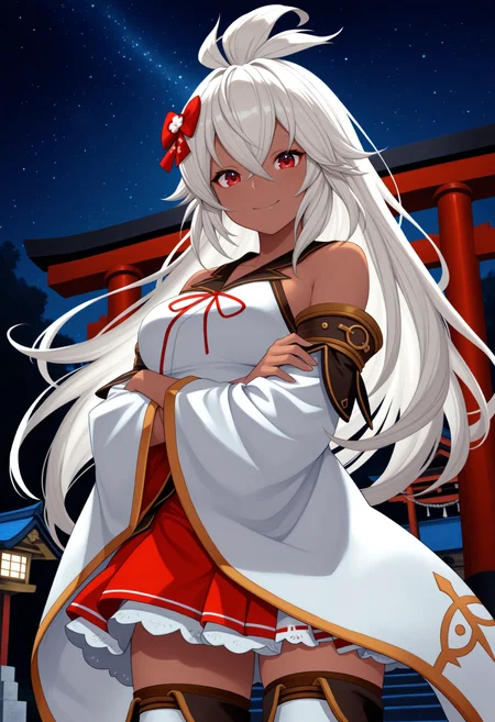 masterpiece, best quality, 1girl, solo, Z00eyEvnt, red eyes, grey hair, long hair, ahoge, dark skin, hair bow, nontraditional miko, detached sleeves, wide sleeves, bare shoulders, red ribbon, thigh boots, white boots, outdoors, crossed arms, shrine, torii, looking at viewer, smile, night, starry sky, <lora:ChamZooeyNoob:1>