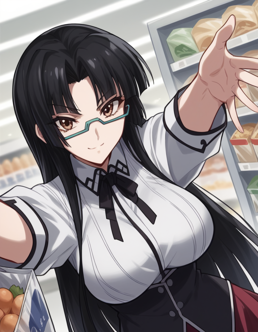 score_9, score_8_up, score_7_up, source_anime, <lora:tsubaki-shinra-s2-ponyxl-lora-nochekaiser:1>, tsubaki shinra, long hair, black hair, brown eyes, glasses, semi-rimless eyewear, under-rim eyewear, parted bangs, bangs, blunt bangs, large breasts, shirt, ribbon, school uniform, white shirt, black ribbon, neck ribbon, long sleeves, skirt, red skirt,, grocery store, cashier, shopping bag, scanning items, small talk, everyday routine, smile, , on back, arm support, arms up, incoming hug, pov, reaching, reaching towards viewer,, solo,, cowboy shot, dutch angle,
