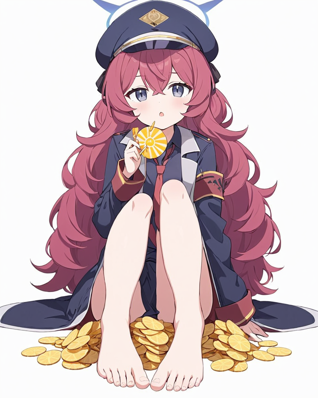 iroha \(blue archive\),1girl, halo, solo, toes, barefoot, feet, military_hat, red_necktie, military, sitting, military_uniform, peaked_cap, black_shirt, looking_at_viewer, legs, jacket, crossed_legs, between_toes, collared_shirt, coat, chips_\(food\), skirt, holding_lollipop, simple_background, white_background, long_sleeves, bag_of_chips, slit_pupils, open_mouth
<lora:iroha_(blue_archive)_image1923_2023-11-27-000012:1>halo. gorgeous,key visual, vibrant, studio anime,award-winning, professional, highly detailed,high budget, cinemascope
