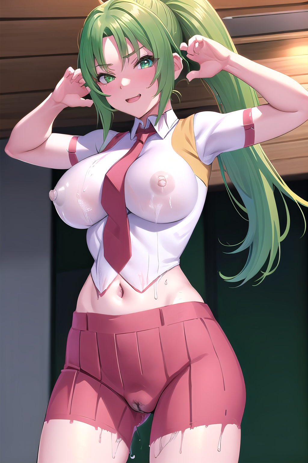 masterpiece, best quality, ultra-high-detailed, 1girl, painted clothes, bodypaint, pussy,  Mion Sonozaki, green hair, green eyes, ponytail, white shirt, red necktie, yellow vest, red skirt, nipples