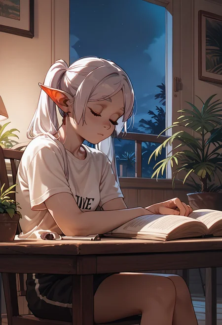 score_9, score_8_up, score_7_up, score_6_up, Frieren, elf ears, sexy, small breasts, t-shirt, working, exhausted, night, plants, table, chair, sleeping, palms on head