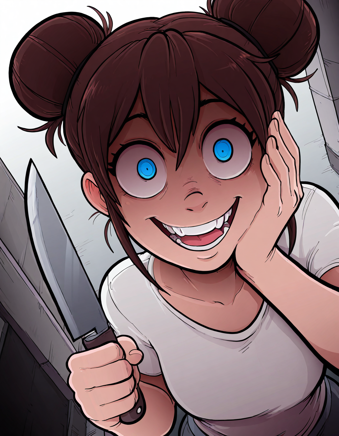 masterpiece, best quality, amazing quality, very aesthetic, absurdres, 5p4rr0w, artist style, 
1girl, teeth, open mouth, smile, double bun, crazy eyes, holding knife, hand on own cheek, upper body, from above, dutch angle, , close-up, scenery, volumetric lighting
<lora:SparrowStyle_Illustrious_v2-dim_32:1>