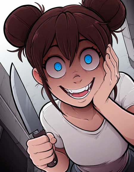 masterpiece, best quality, amazing quality, very aesthetic, absurdres, 5p4rr0w, artist style, 
1girl, teeth, open mouth, smile, double bun, crazy eyes, holding knife, hand on own cheek, upper body, from above, dutch angle, , close-up, scenery, volumetric lighting
<lora:SparrowStyle_Illustrious_v2-dim_32:1>