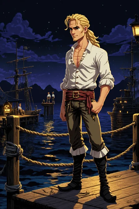 a skinny pirate man with blond hair in a ponytail manbun in a white shirt standing on a dock at night, lucasarts style, buldings, pixel art, cinematic lighting, Artwork painting, Ultra-Wide Angle, 2d background, master piece, concept art, artstation, sharp focus, high detail, sharp, flat shading, cartoon shading,
<lora:lucasarts style:0.8>