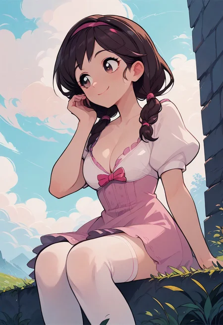 score_9, score_8_up, score_7_up, score_6_up, score_5_up, score_4_up, source_anime, 1girl, solo, djeetadef, pink hairband, dress, cleavage, puffy sleeves, white stockings, smile, adjusting hair, brunette pigtails, looking forward, sky, sitting on lawn, landscape, from below
