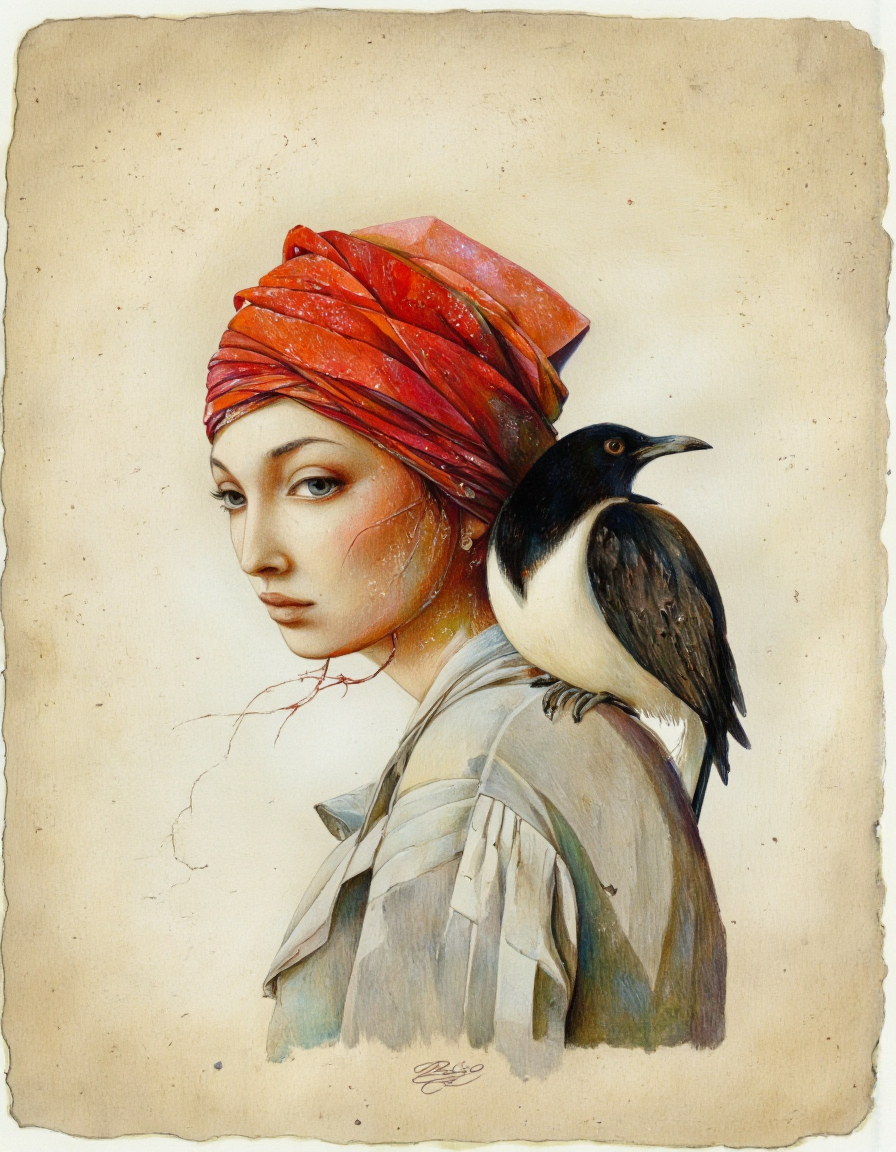By Rébecca Dautremer. A digital illustration shoot from a profile camera angle about a woman with a red turban and a black bird, set against a textured, beige background. the image also shows a serene expression. on the middle of the image, a woman, who appears to be in her late 20s, is facing the viewer, with her blue eyes looking to the side. she is wearing a red headscarf and has long, curly hair. on her right shoulder, a black and white bird is perched on her shoulder. the woman has a calm and contemplative expression, with a slight blush on her cheeks. the background is a soft, textured beige color with a rough, uneven texture, giving the image a vintage feel. the artist's signature is visible in the bottom left corner, adding a personal touch to the image.