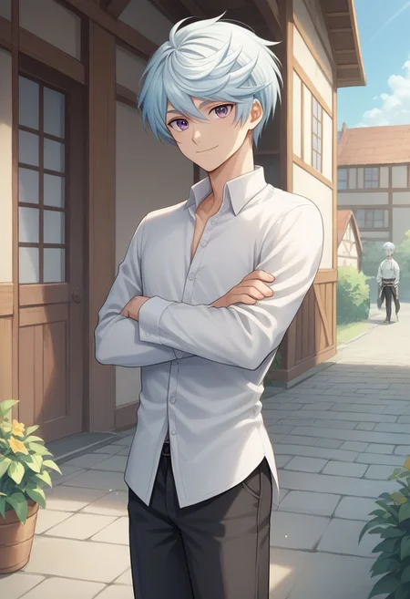 score_9, score_8_up, source_anime, highly detailed, 1boy, solo, male_focus, slender, skinny,
mikleo, 1boy, male focus, solo, purple eyes, smile, crossed arms,
light blue hair, looking at viewer, white shirt, long sleeves, black pants,
outdoor, village, medieval