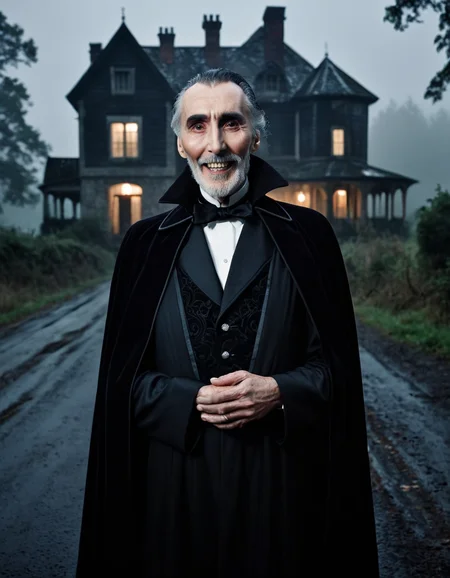 an old christopher lee, dracula alike, with a creepy smile, in the foreground, looking at the camera, he is very creepy,creepy enigmatic smile,hes sems to invite you in, nighttime, dense fog, abandoned house, rural road, heavily wooded area, heavy fog, misty, (dark, dim, dim lighting:1.4), creepy, evil, midnight <lora:Greys_Alien_Character_Creation_for_Flux.1_Dev:.3> alien, (score_9,score_8_up,score_7_up) (8k, RAW photo, highest quality, best quality, masterpiece, ultra-detailed, hires, absurdres, sharp focus), (photorealistic, hyper-realistic)