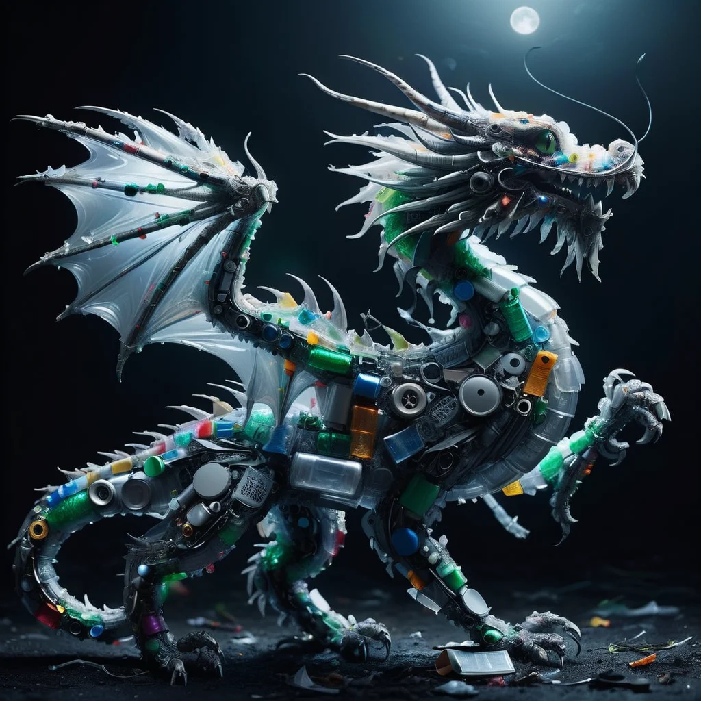 a dragon with spread wings made of dvr-trsh, at night, foggy, intricate details <lora:dvr-trsh:0.8>