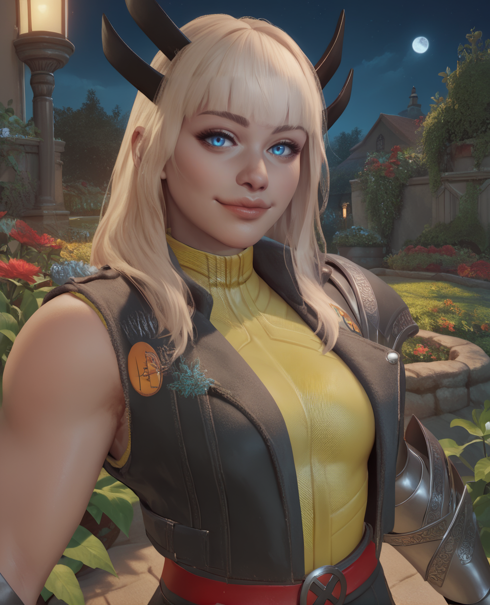 score_9,score_8_up,score_7_up,score_6_up,
magikxl,blond hair,blue eyes,4 horns,bangs,
bodysuit,belt,black vest,left arm single gauntlet,right arm  bracer,
standing,looking at viewer, upper body,  light smile, 
night,garden,
<lora:magik:1>,
