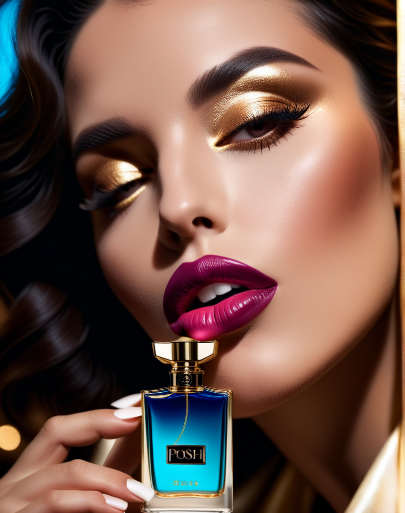 ((( dark dim scene of  [POSH] logo on pefume bottle, woman plump kissing the camera,  neon lipstick, crazy ad,  glamour,  creative dreaming.  <lora:Glamour:1>, glamour-style, luxury, absurdres, detailed, macro details, 8k, hyper realistic, texture surface details, color photo, atmospheric, light and shadow, crepuscular, slight athmospheric mist))) !