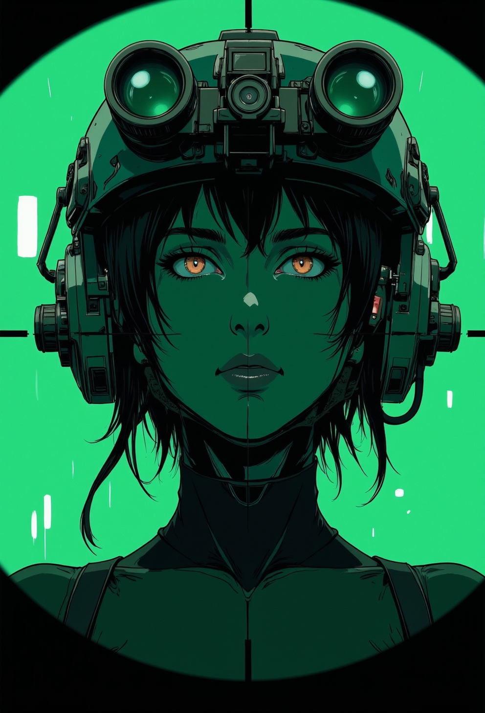 <lora:ck-nc-luminal-genesis-000016:1>, A digital anime artwork in the style of cklg, image viewed through the green filter of a sniper crosshair night vision, a woman wearing on head n0ds dual-tube panoramic optical device two cylindrical lenses attached to the front of the helmet with integrated hearing protection, the plastic cyborg mask is open, the mechanical parts of the robot are visible inside, the android is very sinister and dangerous, from the epic movie Ghost in Armor, warzone
<lora:n0ds:0.9>