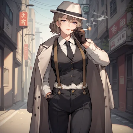 score_9,score_8_up,score_7_up,score_6_up,source_anime,rating_questionable, solo,1girl,  urban, mafioso, <lora:Mafia_Outfit:0.8> mafi4, necktie, gloves, suspenders, fedora, white shirt, black vest, black pants, coat, cigarette,, zPDXL2,