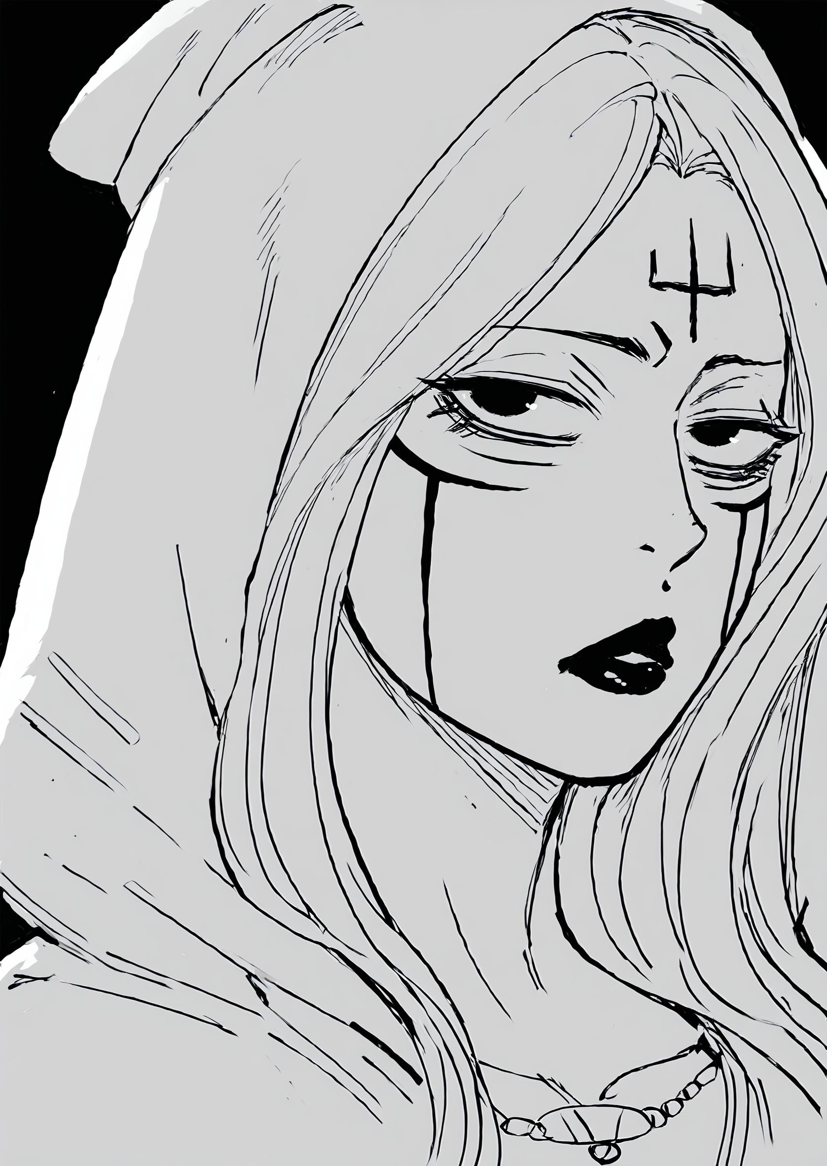 score_9, score_8_up, score_7_up, score_6_up, score_5_up, score_4_up, 2d, sketch, sketchy, <lora:Alice_the_necromancer_baalbuddy:1> alicebb, 1girl, solo, long hair, looking at viewer, simple background, 1boy, jewelry, monochrome, greyscale, male focus, hood, necklace, blood, makeup, facial mark, lipstick, black background, portrait, forehead mark, detailed face, face close up BREAK source_anime