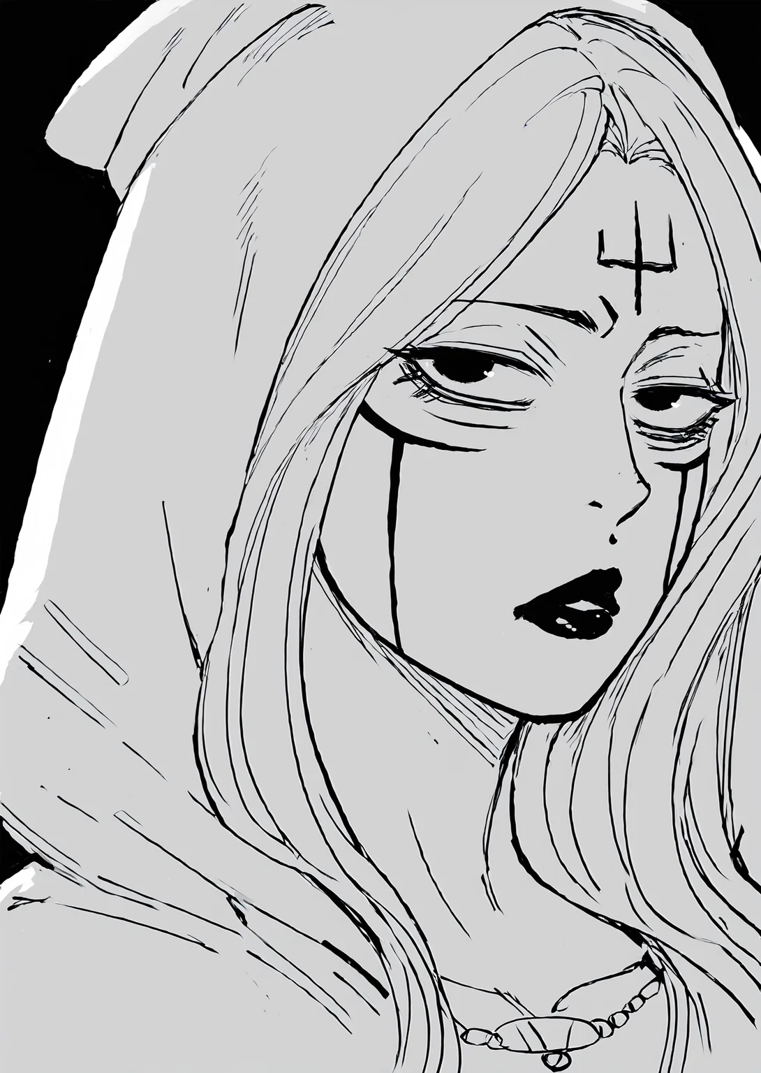 score_9, score_8_up, score_7_up, score_6_up, score_5_up, score_4_up, 2d, sketch, sketchy, <lora:Alice_the_necromancer_baalbuddy:1> alicebb, 1girl, solo, long hair, looking at viewer, simple background, 1boy, jewelry, monochrome, greyscale, male focus, hood, necklace, blood, makeup, facial mark, lipstick, black background, portrait, forehead mark, detailed face, face close up BREAK source_anime