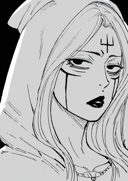 score_9, score_8_up, score_7_up, score_6_up, score_5_up, score_4_up, 2d, sketch, sketchy, <lora:Alice_the_necromancer_baalbuddy:1> alicebb, 1girl, solo, long hair, looking at viewer, simple background, 1boy, jewelry, monochrome, greyscale, male focus, hood, necklace, blood, makeup, facial mark, lipstick, black background, portrait, forehead mark, detailed face, face close up BREAK source_anime