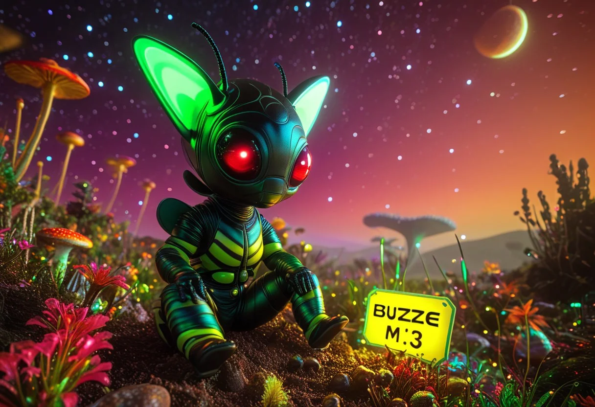 A friendly green alien with large expressive eyes, wearing a fluffy bee costume with black and yellow stripes, tiny wings, and fuzzy antennae, standing on an alien planet with vibrant, glowing flora and bioluminescent mushrooms. The alien holds a handmade sign that reads 'Buzz M3' in playful, glowing text. The sky is a deep purple with two moons visible, and the ground has a surreal, iridescent texture. The scene is illuminated by a soft, ambient glow, creating a whimsical and dreamlike atmosphere. Highly detailed, cinematic lighting, ultra-realistic textures, and vibrant colors.
Alien world. high-resolution, cinematic lighting, soft colors ((4k,8k,Ultra HD)),((Masterpiece :1.2)),((Best quality :1.2)),((Detailed :1.5)),((Detailed background :1.5))