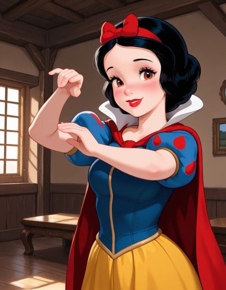 masterpiece, best quality, amazing quality,  very aesthetic, absurdres,  newest, detailed background, 4k, 8k, indoors, 
snowwhitexd, 1girl, solo, medium breasts, short hair, black hair, lips, red lips, smile, blue shirt, puffy sleeves, short sleeves, yellow skirt, red hairbow, looking at viewer, cute pose, dynamic angle, brown eyes, red cape, blush,  
 <lora:Snow_White_-_Disney_Illustrious:1>