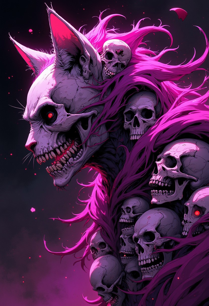 Create an image in inkpunk style, An undead skeletal cat made of human faces in anguish and skulls overalldetail> artistic aesthetics, excellent composition masterpiece, award winning,midjourneyv6.1glowing an ominous magenta color.
Niji Stan Katayama style.