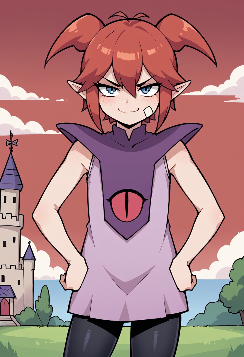 score_8, score_8_up, score_7_up, 1girl, female focus, solo, DQB_DT, red hair, antenna hair, short twintails, sidelocks, pointy ears, hair between eyes, freckles, bandaid on cheek, looking at viewer, smug, hands on own hips, looking at viewer, disgust,sleeveless dress, pink dress, purple capelet, black leggings, cowboy shot, standing, outdoors, red sky, tower, castle, black cloud