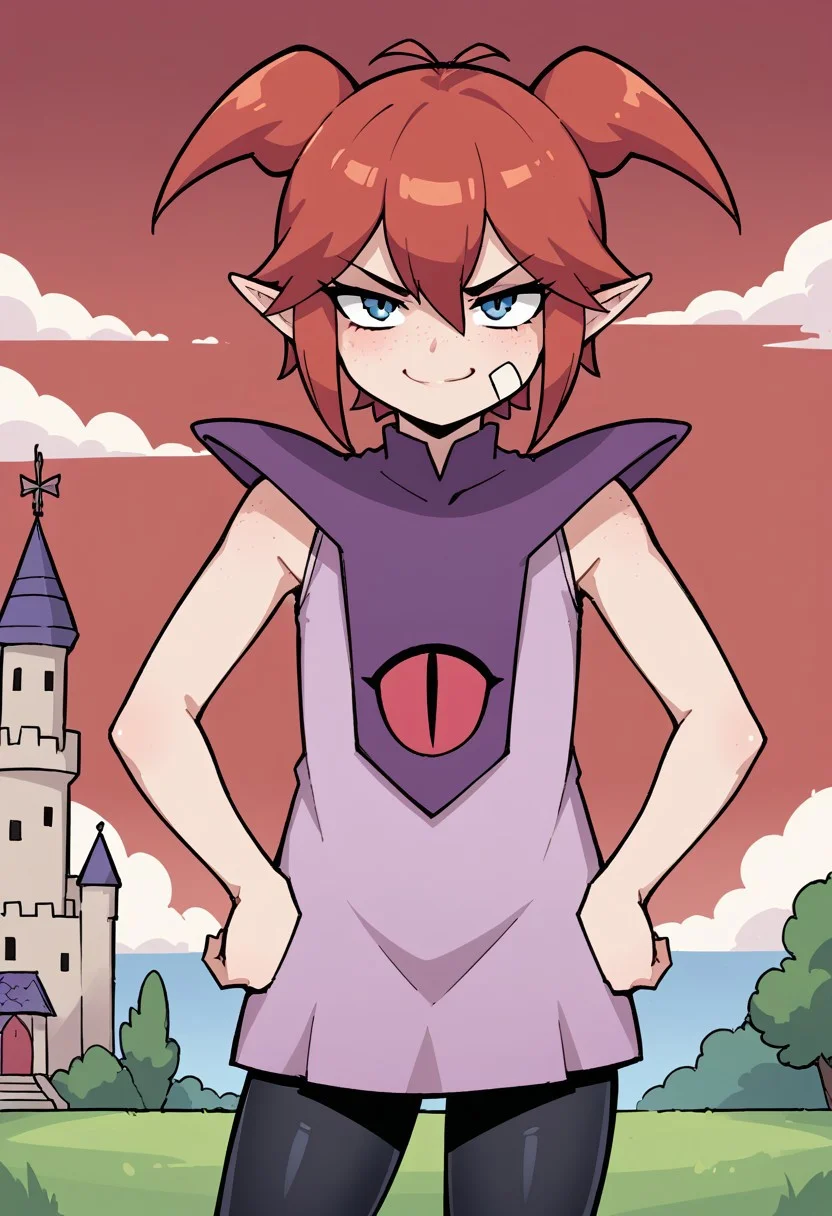 score_8, score_8_up, score_7_up, 1girl, female focus, solo, DQB_DT, red hair, antenna hair, short twintails, sidelocks, pointy ears, hair between eyes, freckles, bandaid on cheek, looking at viewer, smug, hands on own hips, looking at viewer, disgust,sleeveless dress, pink dress, purple capelet, black leggings, cowboy shot, standing, outdoors, red sky, tower, castle, black cloud