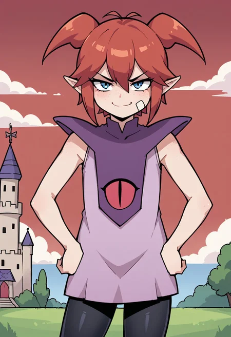 score_8, score_8_up, score_7_up, 1girl, female focus, solo, DQB_DT, red hair, antenna hair, short twintails, sidelocks, pointy ears, hair between eyes, freckles, bandaid on cheek, looking at viewer, smug, hands on own hips, looking at viewer, disgust,sleeveless dress, pink dress, purple capelet, black leggings, cowboy shot, standing, outdoors, red sky, tower, castle, black cloud