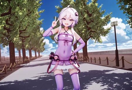 score_9, score_8_up, score_7_up,
<lora:YuzukiYukari_Uzai_V1:1>1girl, blue sky, bridge, closed mouth, cloud, cowboy shot, day, facing viewer, feet out of frame, hand on hip, jacket, lamppost, looking at viewer, open mouth, outdoors, outstretched arm, park, photo background, road, scenery, shadow, sleeveless, sleeveless dress, smile, solo, standing, tree, w, walking, wide shot, zettai ryouiki
smug, smirk, blush, teeth, peace sign, double peace sign,>_<,><;,