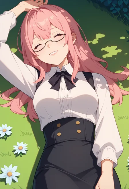 score_9, score_8_up, score_7_up, anime screencap, source_anime, 1girl, solo,
<lora:Tsukishiro_Yanagi_ZZZ_V1:.85>, KJOyanahi, pink hair, pink eyes, long hair, semi-rimless eyewear, 
white shirt, black skirt,
on grass, on back, one arm up, smile, parted lips, head tilt, closed eyes,
park, sunny, shade, trees, grass,
(Beautiful, medium Breasts:1.2), mature female,