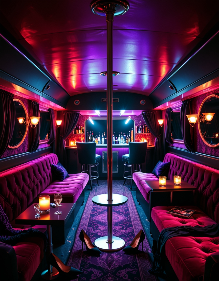 The interior of an old RV transformed into a mysterious, shady lounge with a moody and dimly lit atmosphere. The space is filled with deep red and purple lighting, creating a sultry neon glow. In the center stands a chrome pole mounted to the ceiling and floor, surrounded by plush velvet seats and low tables with half-empty glasses and flickering candles. The walls are lined with heavy curtains and faded wallpaper, giving a vintage and secretive vibe. A small bar area in the back holds various bottles and glasses, with a mirror backsplash reflecting the dim lights. The floor is covered in worn carpets and scattered with high heels, scarves, and old magazines. Subtle details hint at an underground lifestyle, without showing anything explicit. The overall ambiance is smoky, intimate, and cinematic. Highly detailed, noir-inspired, low-key lighting, retro-modern fusion style.
<lora:SDXLFaeTastic2400:0.4> <lora:extremely_detailed:0.4> extremely detailed<lora:4dult_rv:1>,4dult rv, Masterpiece,best quality,hi res,8k,hi res,8k,award winning,(sharp focus, intricate, highly detailed),