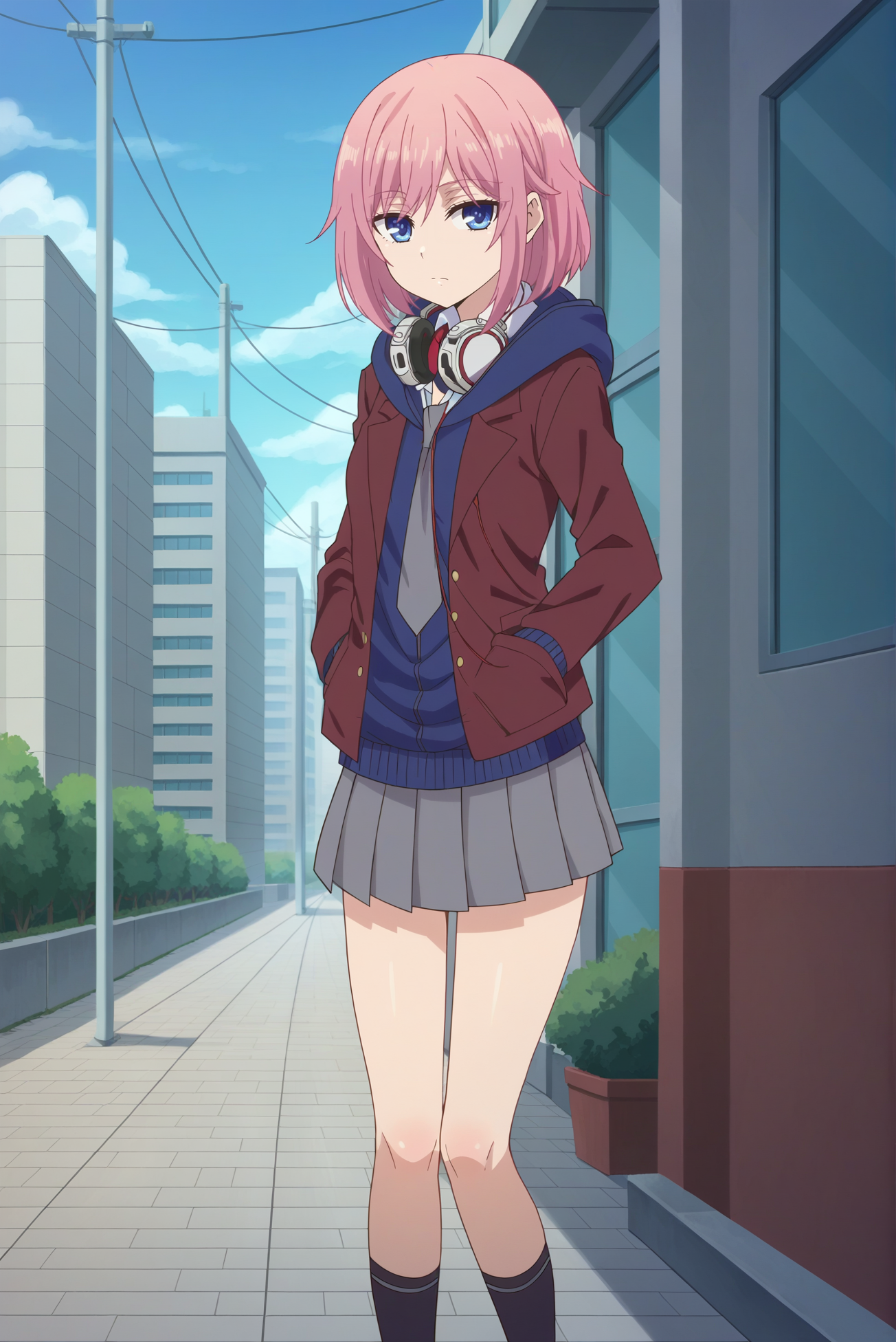 score_9, score_8_up, score_7_up, score_6_up, source_anime, 1girl, (slender:1.4), solo, matsuri ctrs, <lora:MatsuriCTR-PDXL-V1:1>, anime screencap,
BREAK (closed mouth:1.3), (blue eyes, medium breasts, short hair, pink hair),
BREAK (school uniform, miniskirt, jacket, pleated skirt, hoodie, grey skirt, black socks, sneakers:1.4),
BREAK (looking at viewer, full body, standing:1.2), outdoors, city, headphones around neck