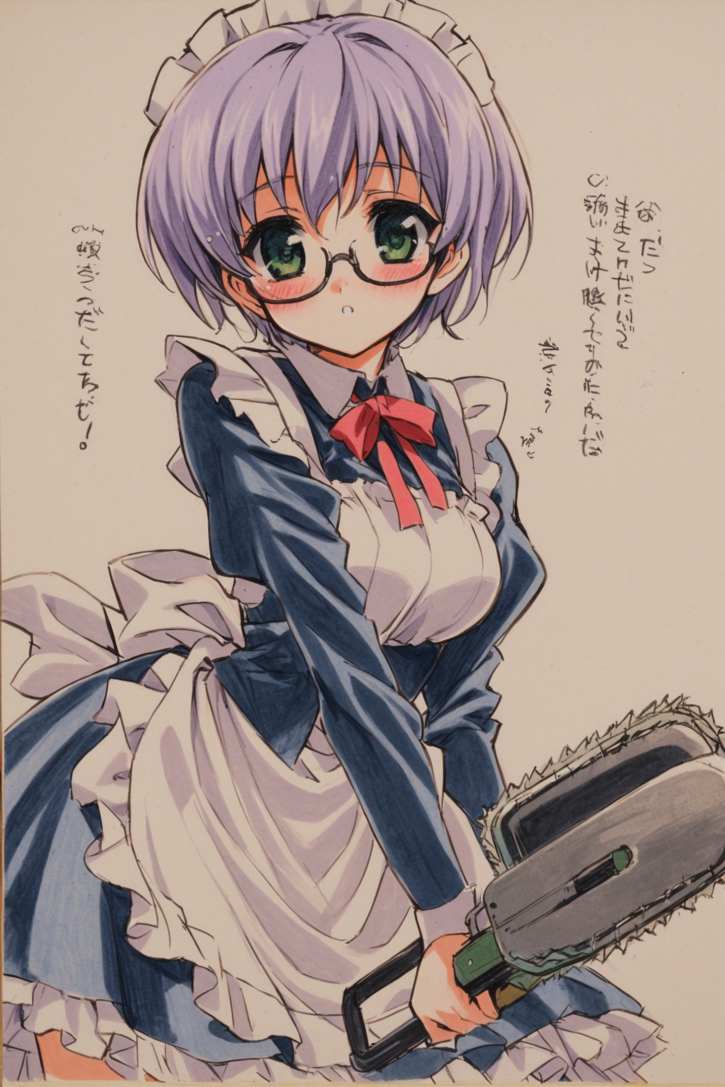 Sakurazaka Hazuki,1girl,glasses,maid,hat,holding chainsaw,blush,light purple hair,short hair,bangs,long sleeves,green eyes,traditional media,<lora:shaa_XL:0.8>,