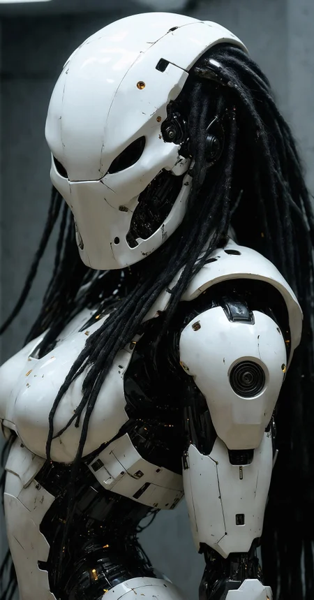 professional front photo of a robotic mechanical female predator from the movie "predator", predator movie mask, long black hair gathered in dreadlocks, black ratio, photorealistic, abstract dark background in cyberpunk style, amazing quality, best resolution, cybernetic augmentations, probes, cables, isometric view, depth of field, voluminetric lighting, ultra high definition, backlit, marbling, ultra sharp focus, extremely detailed, ultra high definition