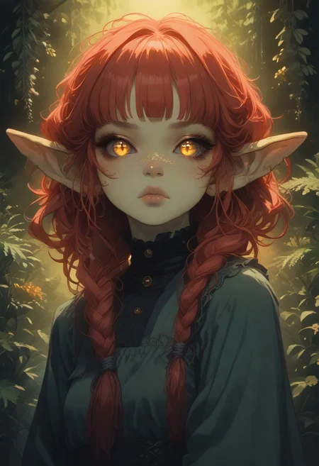 (Score_9:1.1), score_8_up, score_7_up,
(glimmer,glitter,limited lighting, high contrast, highres, closed_mouth:1.4, absurdres),(leaning forward:0.4)
Fl0ralD0lls ,Goblin
solo, short stature, shortstack, pointed ears, big eyes,goblin ears, goblin woman, green skin, big eyes, glimmering eyes, (black sclera, slit pupils, yellow iris, glowing iris), (ferns:1.3), realistic, focus on face, hime cut, red hair,((hair in very long single braids)), big lips, full lips, glossy lips, matte skin, matte colours