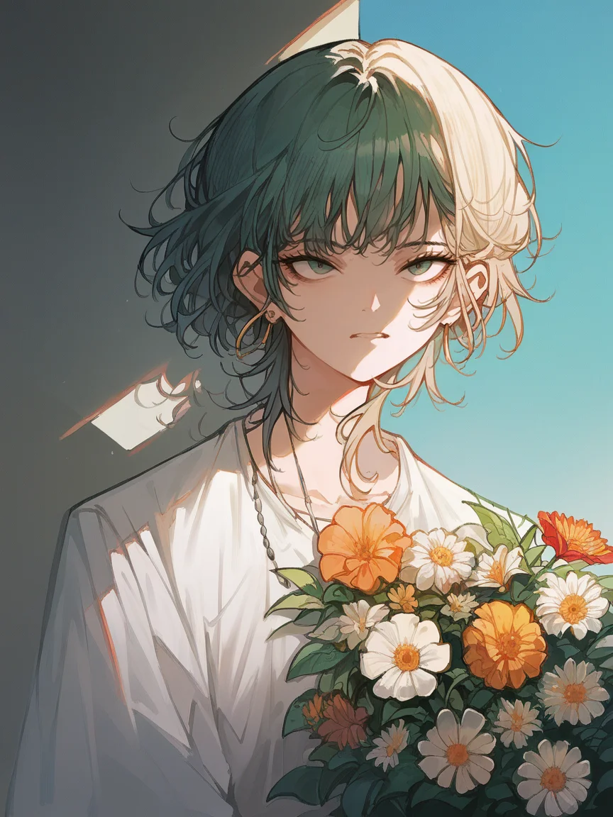 score_9, score_8_up, score_7_up, score_6_up, score_5_up, <lora:JohnKafkaXLP:1> john kafka, 1girl, flower