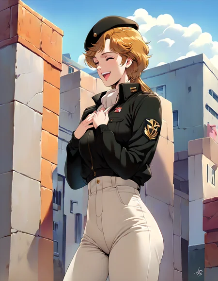<lora:pony_xl_Frederica>,Frederica,score_9,score_8_up,score_7_up,1girl,solo,hat,black jacket,military uniform,white pants,cowboy_shot,hands_on_own_chest,smile,laughing,