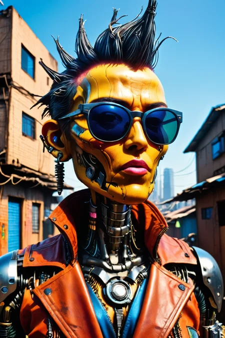 RAW photo of a <lora:madpunk:0.8> madpunk <lora:just_another_Cyborg_LoRa_SDXL:0.8> c1bo cyborg (Wearing sunglasses, radiating cool confidence) at a Cyberpunk slums with makeshift rooftop shanties, super detail, ultra-realism, <lora:xl_more_art-full_v1:0.3>, <lora:bl4ckl1ghtxl:0.7> bl4ckl1ghtxl , <lora:quality1:1>