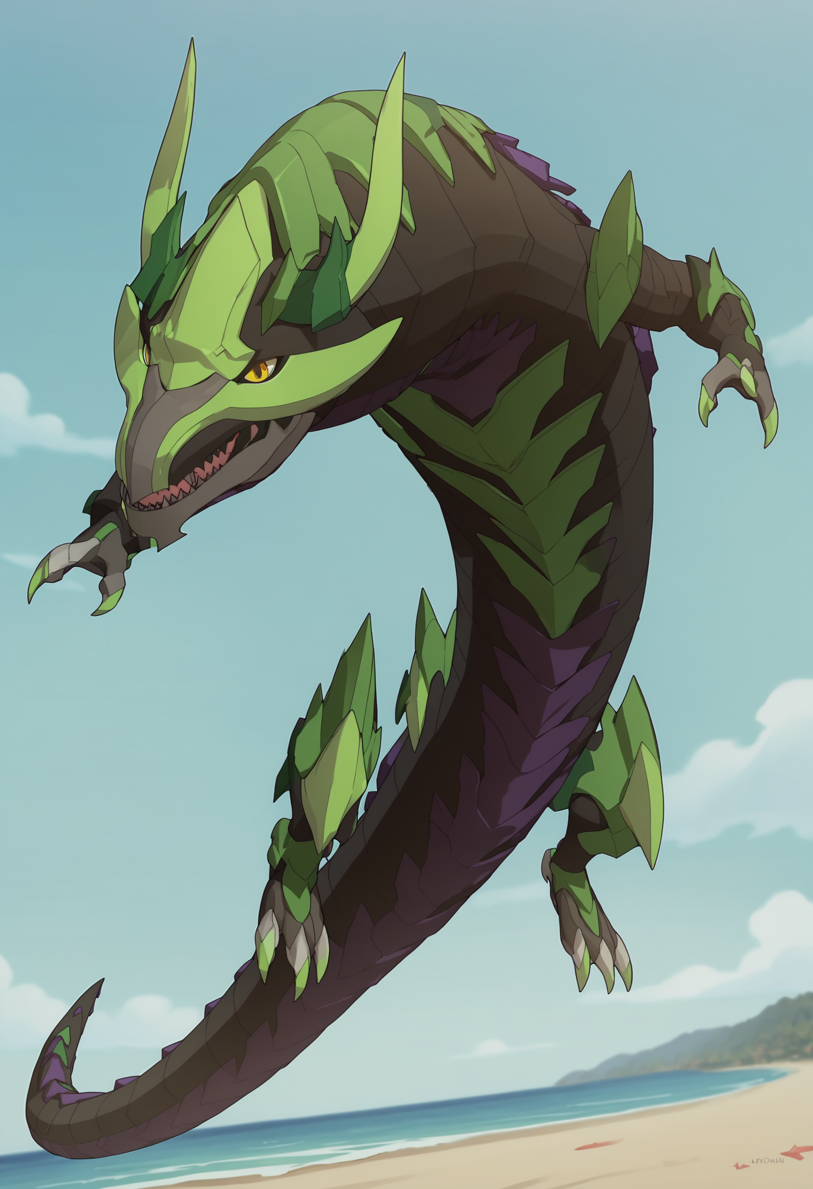 score_9, score_8_up, score_7_up, score_6_up, score_5_up, score_4_up,  <lora:Phaedrus:0.85> solo, no humans, yellow eyes, teeth, sharp teeth, dragon, tail, horns, spikes, flying, looking at viewer, 
(beach background), sky, blurry background,