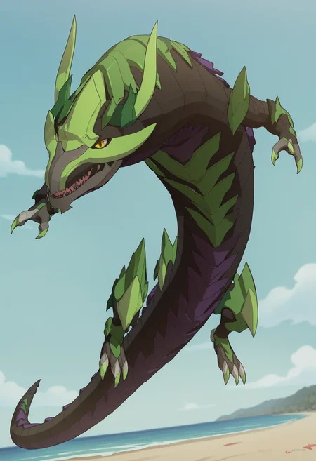 score_9, score_8_up, score_7_up, score_6_up, score_5_up, score_4_up, <lora:Phaedrus:0.85> solo, no humans, yellow eyes, teeth, sharp teeth, dragon, tail, horns, spikes, flying, looking at viewer,
(beach background), sky, blurry background,