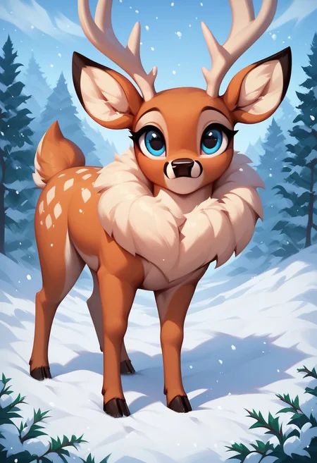 score_9, score_8, score_7, (masterpiece), best quality, expressive eyes, perfect face, fl00ffymadn3ss, (deer, feral deer), yellow fur, navy eyes, male, (snow, blizzard), cute, cute pose