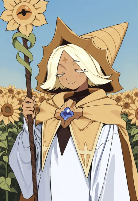 whoopsatr, anime, masterpiece, best quality, detailed background, 8k, 1boy, solo, pure vanilla cookie, tan skin, blonde hair, short hair, parted bangs, white eyelashes, forehead marking, hat, cone hat, yellow cloak, brooch, white robe, staff, sunflower staff, standing, outdoors, beautiful sky, face close-up, smile, closed eyes, half body, staring at viewer, no pose,