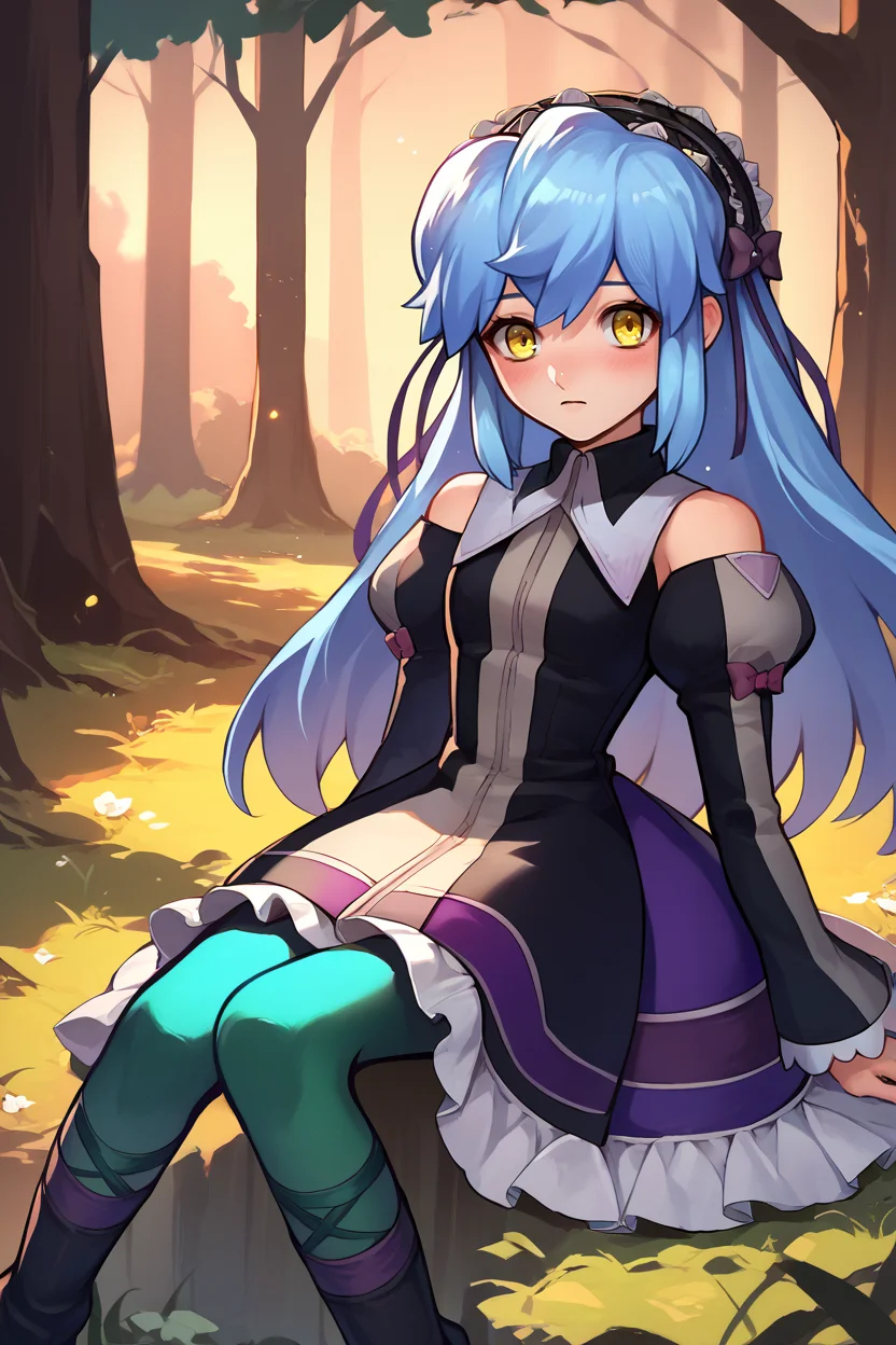 score_9, score_8_up, score_7_up, score_6_up, source_anime, 1girl, solo, <lora:xfkatrina-pdxl-nvwls-v1-000005:1> xfKatrina, blue hair, yellow eyes, long hair, hairband, black dress, detached sleeves, green pantyhose, boots, kneeling, sitting on the ground, wariza, looking at you, blush, forest