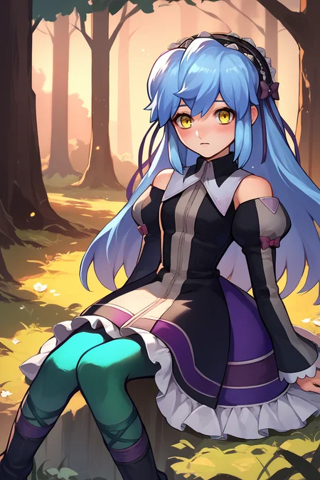 score_9, score_8_up, score_7_up, score_6_up, source_anime, 1girl, solo, <lora:xfkatrina-pdxl-nvwls-v1-000005:1> xfKatrina, blue hair, yellow eyes, long hair, hairband, black dress, detached sleeves, green pantyhose, boots, kneeling, sitting on the ground, wariza, looking at you, blush, forest