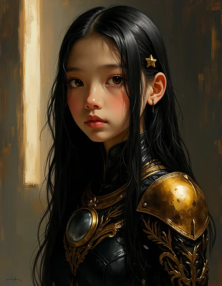 masterpiece, high quality, Oil Painting, Hyper-realistic, half body portrait, beautiful young teen Indian princess, wearing futuristic black and gold armor, science fiction, inside a spaceship, innocent, serene, long straight black hair, brown eyes, petite body, skinny, ultra detailed, romantic, Rembrandt lighting, brush strokes, warm light, magic, extremely coherent, cute, beautiful, cinematic, stunning, creative, positive, cheerful, unique, cool, inspiring, pure, rational, very inspirational, friendly, thought, glowing, magical, perfect, intricate, wonderful, lovely, Shadow and light, Masterpiece, intricate lines, intriguing atmosphere, sharp magnificent details, delicate features, elaborate details, (2\3 rule composition:0.5), ultra detailed, romantic, Rembrandt lighting, brush stroke, lovely, del1cate_balance style, novuschroma, in the style of Rembrandt. vantablack <lora:style_of_Rembrandt_FLUX_135:.8> <lora:- Flux1 - vanta_black_V2.0:.3> <lora:Delicate_Balance:.3> <lora:neeeg_f1:-.5> <lora:113_novuschromaFLX_1:.4> <lora:neeeg_f1:-.5>