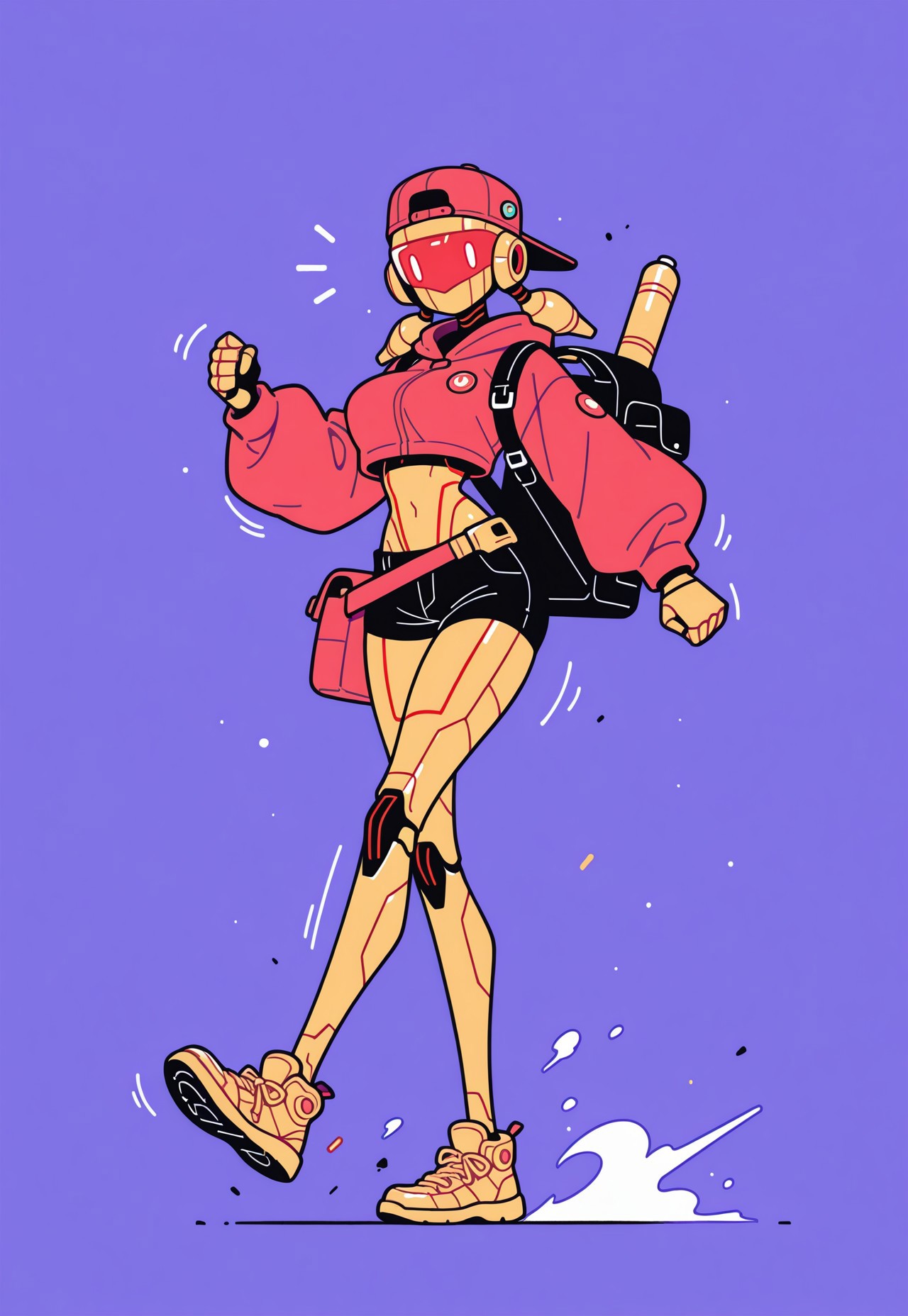 1girl, slim android girl, robot woman, long legs, mechanical thighs, gold body, red accents, sci-fi delivery uniform, red clothing, cropped hoodie, shorts, low red pigtails, backwards hat, huge backpack, hip bag,  smiling brightly, glowing lines, glossy finish, skinny legs, large breasts, running, speedy, motion lines, gold sneakers, tall, Flatline, Flat vector illustration