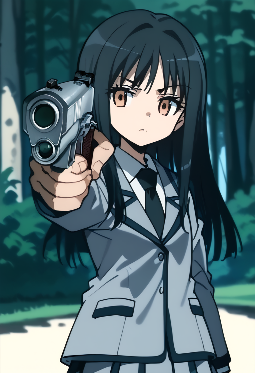 score_9,score_8_up,score_7_up,score_anime,
<lora:HandPointingAGunMeme_XLPD:1>,holding weapon,handgun,holding gun,aiming at viewer,finger on trigger,
<lora:Yukiko Kanzaki v2>,yukiko kanzaki,1girl,solo,brown eyes,black hair,long hair,
school uniform,grey jacket,white shirt,black necktie,scenery,depth_of_field,