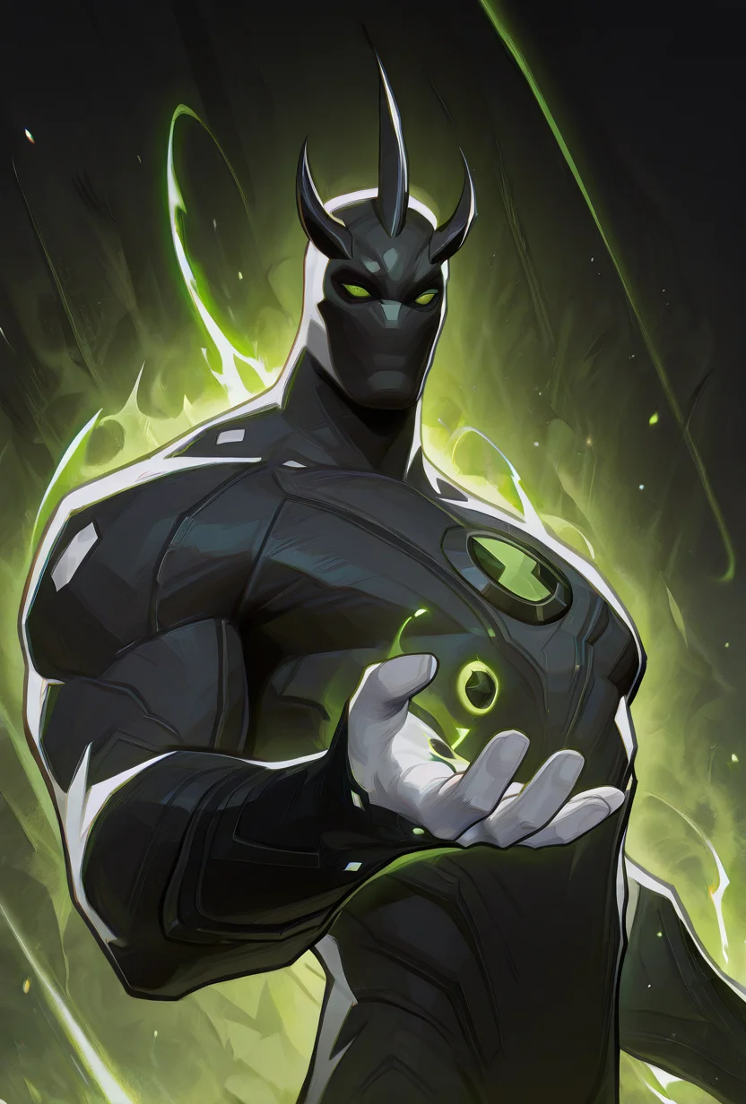 <lora:alienx-09:1> alienx, 1boy, green eyes, horns, matte black skin, upper body, dynamic pose, white hands, wide face, white spots on body, <lora:AMarvelRivals_style-06:1> MarvelRivals, , , semi realistic, cartoon, powers, black powers, masterpiece, best quality, amazing quality, very aesthetic, absurdres, newest,