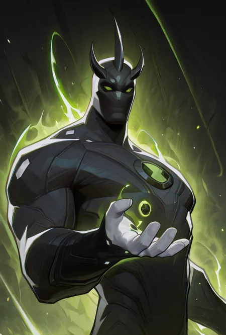 <lora:alienx-09:1> alienx, 1boy, green eyes, horns, matte black skin, upper body, dynamic pose, white hands, wide face, white spots on body,   <lora:AMarvelRivals_style-06:1> MarvelRivals, , , semi realistic, cartoon, powers, black powers, masterpiece, best quality, amazing quality, very aesthetic, absurdres, newest,