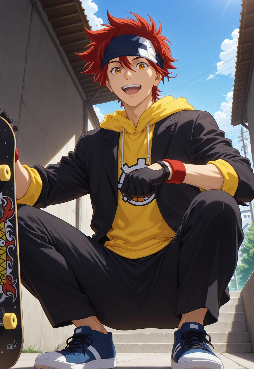 detailed details, shaded, detailed shading, detailed skin, shaded skin, realistic shading, countershading:1.1, outdoors, 1boy, solo, Reki Kyan, amber eyes, red hair, headband, black jacket, yellow hoodie, black pants, blue shoes, black gloves, red wristband, skateboard, male focus, open mouth, happy, squatting, seating, low angle view, looking at viewer