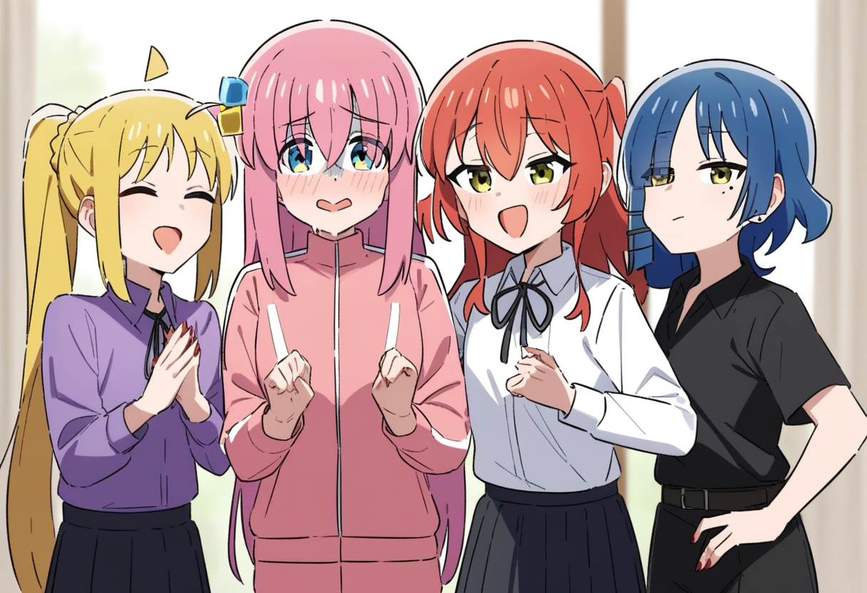 masterpiece,best quality,very aesthetic,absurdres,<lora:bocchi_the_rock:1>,blush,4girls,white_shirt,smile,gotoh_hitori,track_jacket,absurdres,pink_jacket,black_shirt,collarbone,highres,kessoku_band,ijichi_nijika,open_mouth,mole_under_eye,kita_ikuyo,yamada_ryo,long_sleeves,purple_shirt,collared_shirt,