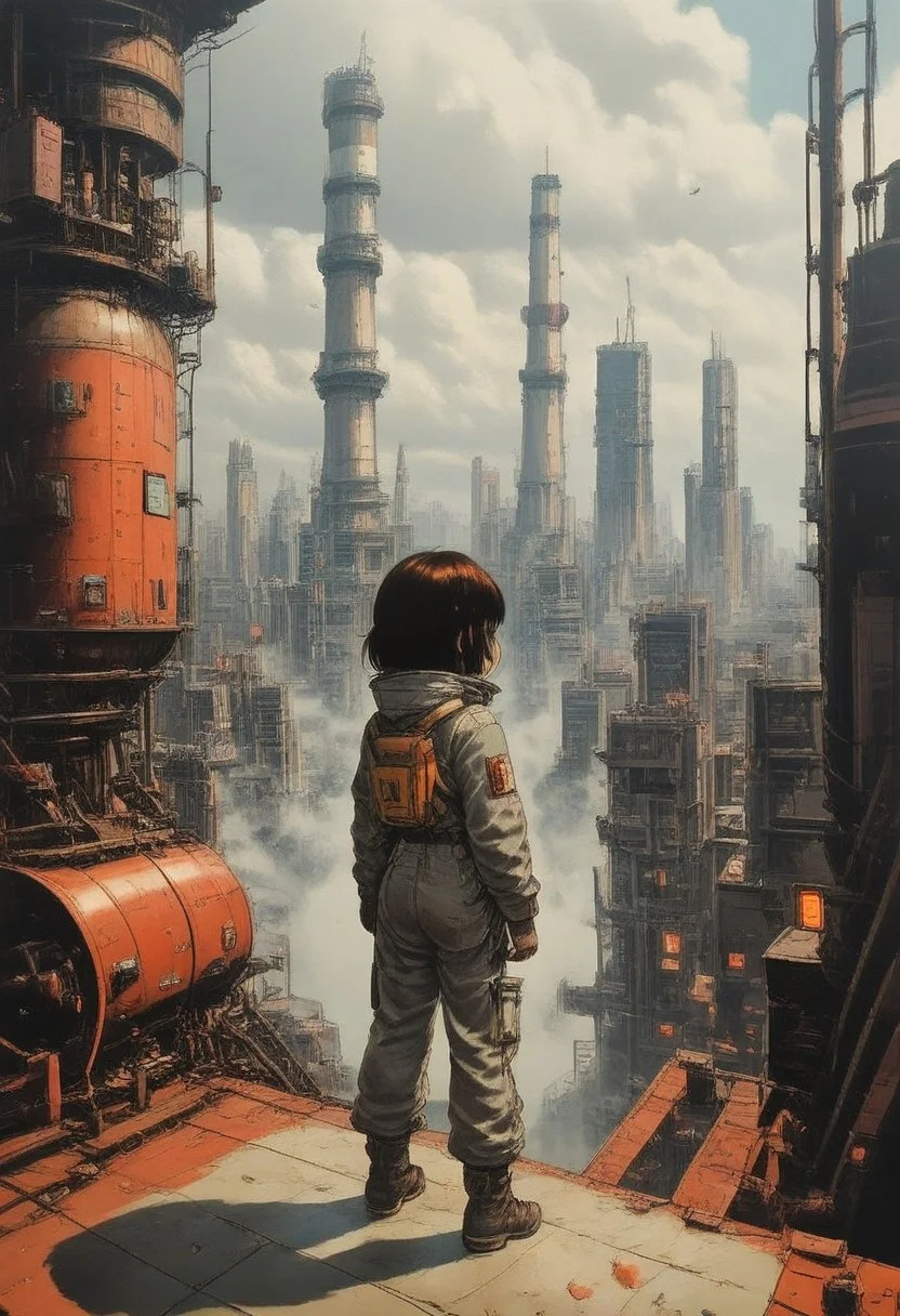 a small girl standing on a launch pad, top of building, sci-fi cityscape, clouds, wires, tubes, wearing sci-fi coveralls, ominous, dark, high contrast shadows, best quality, masterwork, perfect shading, vivid colors, reflections, deep shadows, dynamic composition, long shot, very detailed body, full body image, grey colored clothing, grey lighting, hazy fog over city